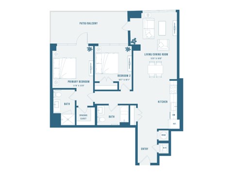 Floor plan for 2 beds, 2 baths, 1122 sqft